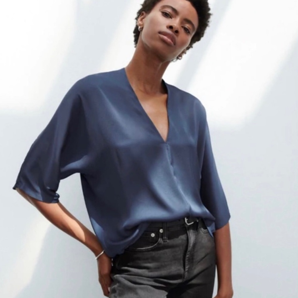 The Reset Satin V Pullover in Indigo Blue